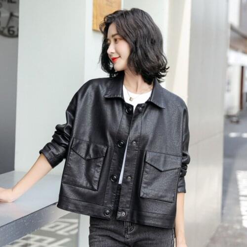 New Spring Autumn Faux Leather Jacket Women Loose Turndown Collar Single Breasted Motorcycle Leather Black Blue Khaki Coats