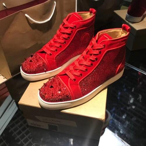 High-top full diamond mens shoes red rhinestone diamond genuine leather sea cucumber red shoes lovers shoes rivet shoes men