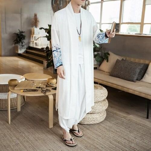Mens Chiffon Windbreaker Kimono Vintage Long Length Jackets Chinese Style Loose Sunscreen Male National Streetwear