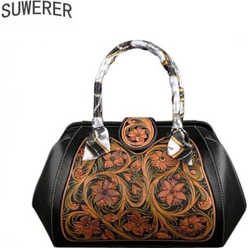 SUWERER 2020 New Genuine Leather bags fashion real cowhide bag Luxury handbags women famous brand leather bag Hand Carved Bag
