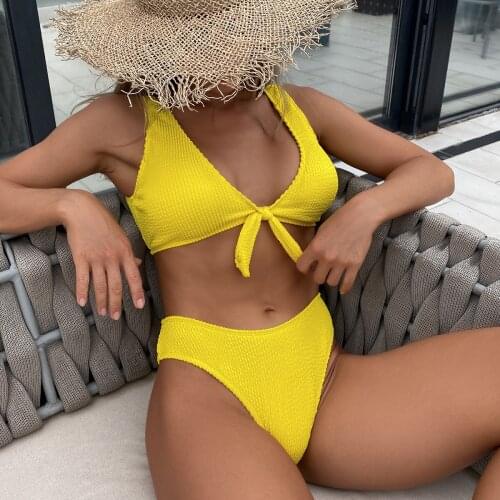 Solid Bikinis Padded Ribbed Bikini 2021 Female Swimsuit Women Swimwear Two-pieces Bikini Set Knotted Bather Bathing Suit Swim