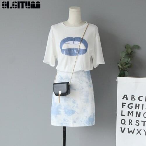 OLGITUM Lip sequins Short Sleeve 2020 Summer New T-Shirt and Smudge A-Line Skirt Fashion Casual two-piece suit Women Set WS175