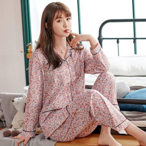 Autumn Ladies Pajamas Cotton Long-sleeved Trousers Two-piece Womens Casual Loose Plus Size Home Wear Fashion Trend Pajamas