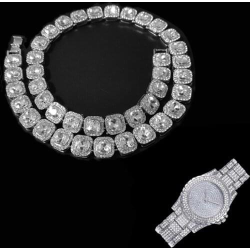 2pcs Kit Prong 12.5MM Micro Pave Cubic Zircon Alloy Bling Hip Hop Tennis Chain Necklace +Watch+Bracelet For Men Women Jewelry