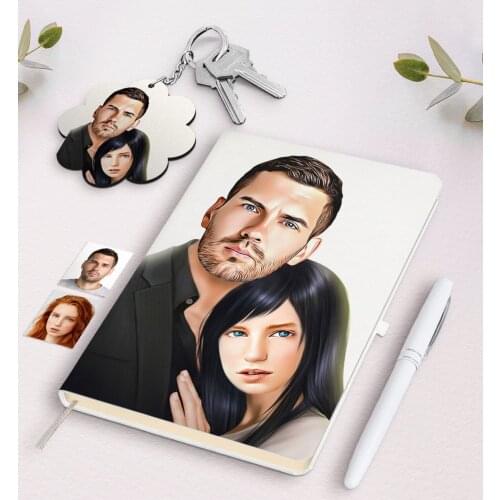 Personalized Valentine Caricature Of White Notebook Pen And Keychain Gift Seti-37 Reliable Modern Simple Gift Custom design