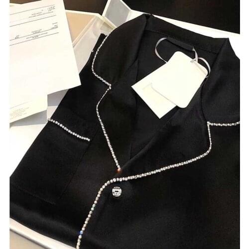 Pajama Sets Long Sleeve Top + Pant Silk Artificial Diamond Sleepwear Women Pijama Home Suit Customizable Name