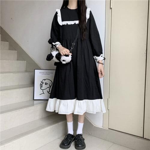HOUZHOU Kawaii Dress Japanese Preppy Style Black White Patchwork Ruffles Long Sleeve Midi Dresses Spring Autumn Streetwear