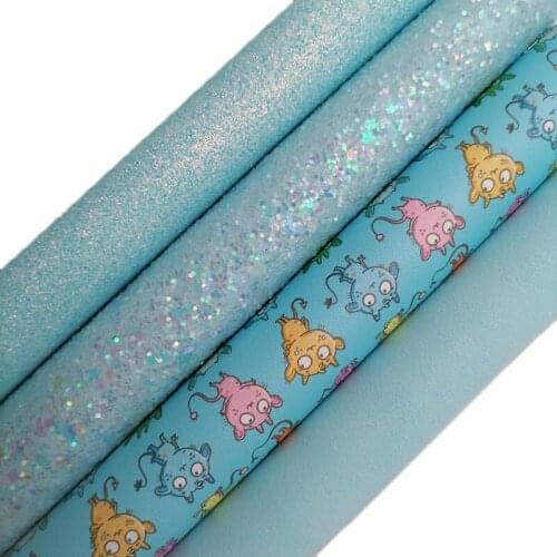 Blue Glitter leather, Monsters Printed synthetic leather, Suede Faux Leather Sheets For Bow A4 21x29CM Twinkling Ming KM652