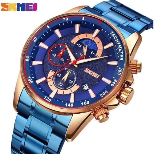 SKMEI Creative Moon Phase Stopwatch Calendar Sports Watches Mens Full Steel Waterproof Quartz Wristwatch Relogio Masculino 9250