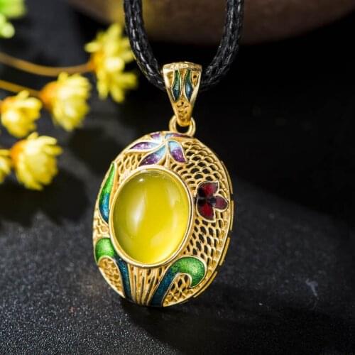 Cloisonne Vintage Thai Silver Ornaments Womens Burned Blue Flowers Natural Yellow Agate S925 Sterling Silver Pendant