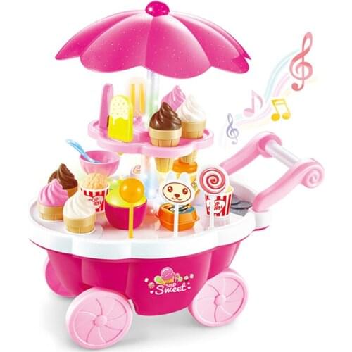 High Quality Plastic Childrens Play House Toy with Light Music Mini Candy Boat Sweet Supermarket Ice Cream Barbecue Trolley