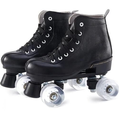 Adult Pu Leather Roller Skates Black Double Line Skates Two Line Skating Shoes Patines 4 Wheels Women Man Training Shoes