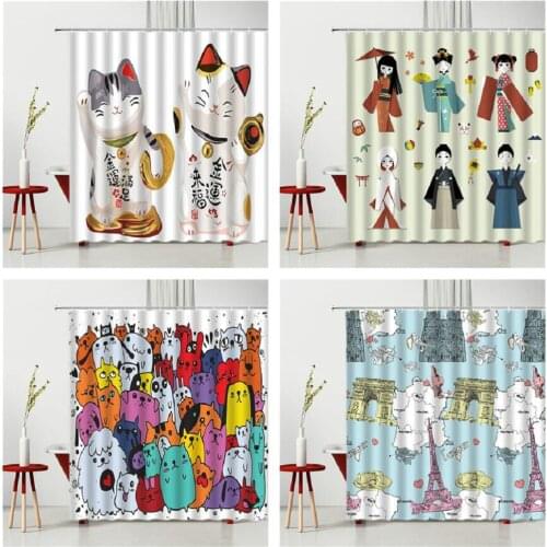 Japanese Cartoon Children Shower Curtain Fortune Cat Singer Waterproof Polyester Fabric 240X180CM Bathtub Decoration