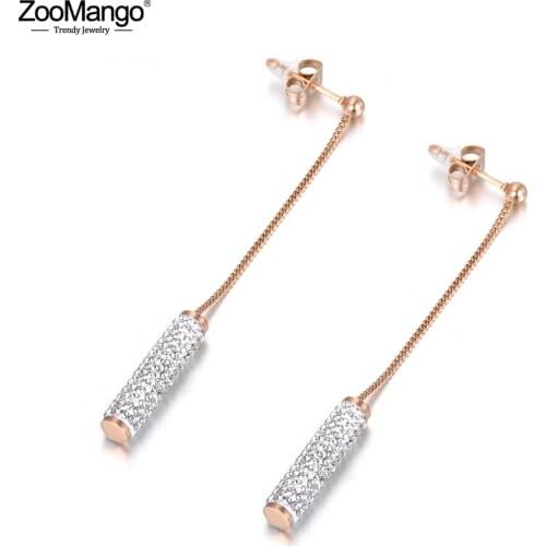 ZooMango Shiny Cylinder Crystals Inlayed Stainless Steel Earrings Trendy Rose Gold Jewelry Anniversary Gift For Women ZE18106