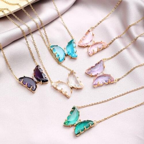 2021 Cute Butterfly Choker Necklaces Women Colorful Transparent Crystal Butterfly Pendant Clavicle Chain Female Collar Jewelry
