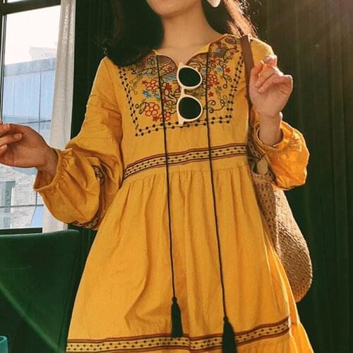 Sri Lanka Ethnic Embroidery Loose Lantern Sleeve Dress Thin Womens Summer Travel Photograph Vacation Yellow Long Skirt