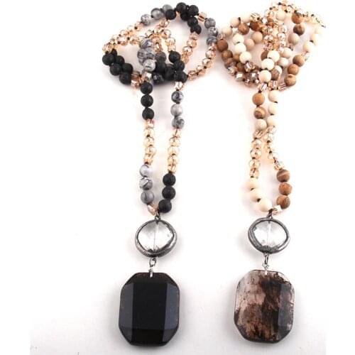 RH Fashion Bohemian Tribal Jewelry Crystal & Stone Long Knotted Natural Rectangle Pendant Necklaces For Women Jewelry