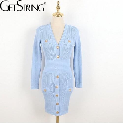 GetSpring Women Dress Temperament Knitting Dresses Long Sleeve V Neck Slim Wrap Hip High Waist Bottoming Dresses 2021 Autumn