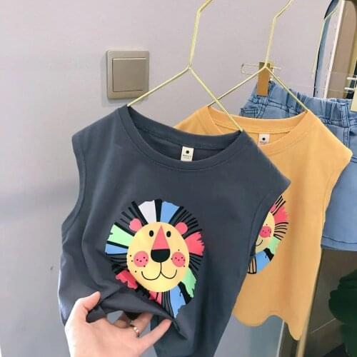 100% Cotton Baby Vests T Shirt 2021 Summer New Korean Style Cartoon Lion Print Childrens Vest Baby Boys Sleeveless Vest T-shirt