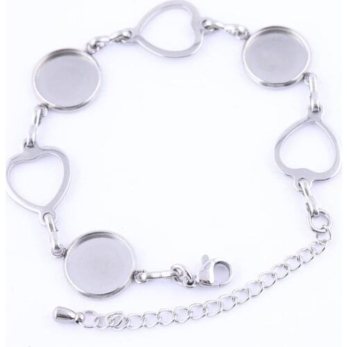 2pcs Stainless Steel Heart Charm Bracelet Accessories Fit 12mm Cabochon Base Setting Blanks Diy Findings For Jewelry Making