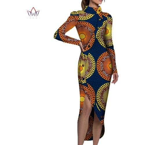 Dashiki African Dresses for Women Bazin Riche Ankara Print Stand Neck Long Sleeve Button Dresses Women African Clothing WY5005