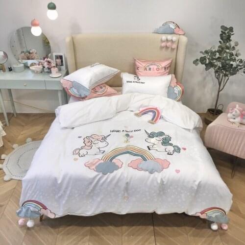 White Cartoon Unicorn Embroidery Satin Jacquard Like Silk Cotton Girl Bedding Set Duvet Cover Bed Linen Fitted Sheet Pillowcases
