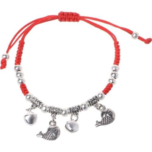 Y1UE Lucky Red String Ancient Silver Evil Protection Jingle Bell Anklets Bracelets