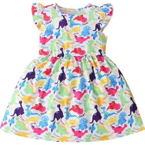 OPPERIAYA Children Summer Dress Multicolor Cartoon Dinosaur Print O-Neck Ruffle Sleeves Casual Dresses for Little Baby Girls