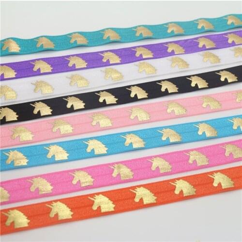 DHK 5/8'' Free shipping Foil gold unicorn printed Fold Elastic FOE headband headwear hairband diy decoration wholesale OEM S645