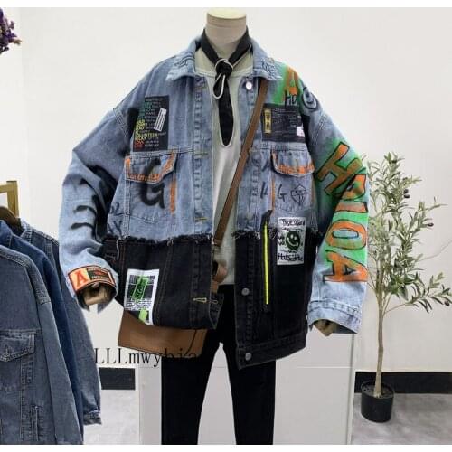 Harajuku Jeans Jacket Women Fashion Patch Spliced Graffiti Print Denim Coat Female Streetwear Loose Plus Size Outerwear Chaqueta