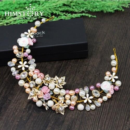 HIMSTORY Free Beading Handmade Color Hairband Ceramic Flower Leaves Pearl Shell Beads Crytal Rich Wedding Brida Hair Jewelry