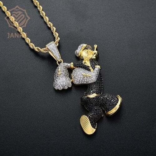 JANRY Cartoon Character Popeye Pendant Necklace Hip Hop Zircon Gold Necklace With 60cm Stainless Steel Rope Chain For Men Women
