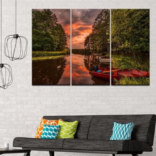 Canvas Painting Fishing boat on river with sunset 3 Pieces Wall Art Painting Modular Wallpapers Poster Print Home Decor