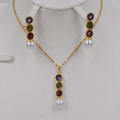 Dubai gold Fashion Classic Imitation Pearl Necklace Earring Set Clear Crystal Elegant Party Gift Women Wedding Pearl Jewelry