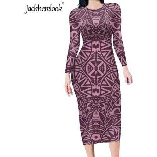 Jackherelook Hot Selling Polynesian Tattoo Brand Design Women Long Sleeves Tunic Bodycon Dresses Ladies Midi O-Neck Pencil Dress