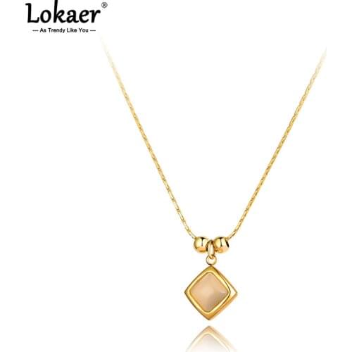 Lokaer Titanium Stainless Steel Square Opal Charm Pendant Necklaces Jewelry Fashion Bohemia Party Necklace For Women Girl N21130