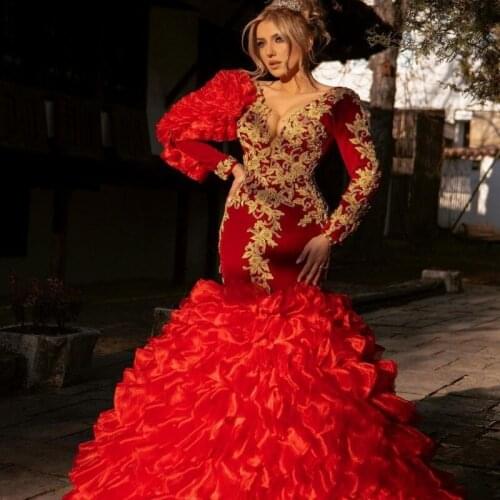 Muslim Prom Dress Ruffles Train Gold Lace Appliques Red Evening Dress Mermaid robes de cocktail Formal vestidos