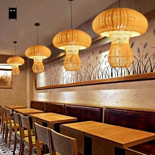 Handmade Natural Wicker Rattan Mushroom Lampshade Pendant Light Fixture Country Hanging Lamp Lustre Dining Table Room Hallway