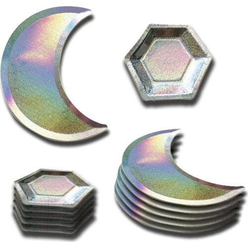 8Pcs/Lot Disposable Tableware Plates Laser Half Moon Shaped Plate Hexagon Party Disposable Paper Plate Wedding Birthday Decor