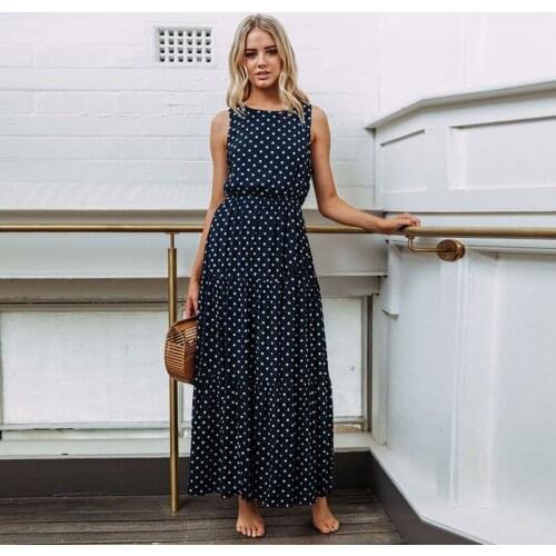 Sexy Woman Summer Beach Sleeveless Dot Print Dress Round Neck Bohemia Style High Waist Strap Casual Loose Long Fashion Dress