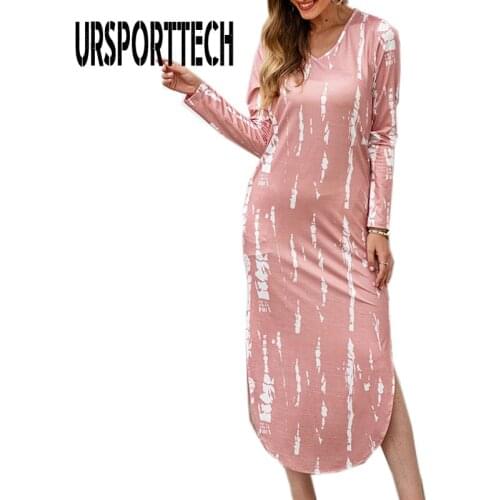 Sexy Women Dress Autumn V Neck Long Sleeve Dresses Tie Dye Slit Side Vestidos Elegant Slim Robe High Waist Office Ladies Dresses
