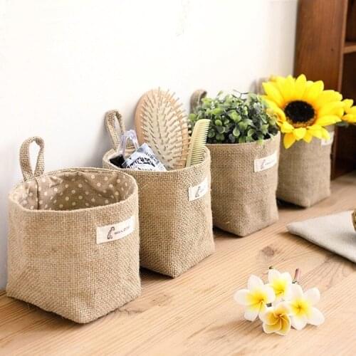 Hanging Storage Bag Fabric Jute Desktop Storage Bucket Home Office Organizer Flower Pot Small Sack Bathroom Kitchen Basket