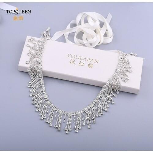TOPQUEEN S471 Rhinestones Wedding Belt Party Belt Thin Bridal Sash Tassel Womens Belts for Dresses Bride Embellished Pearl Belts
