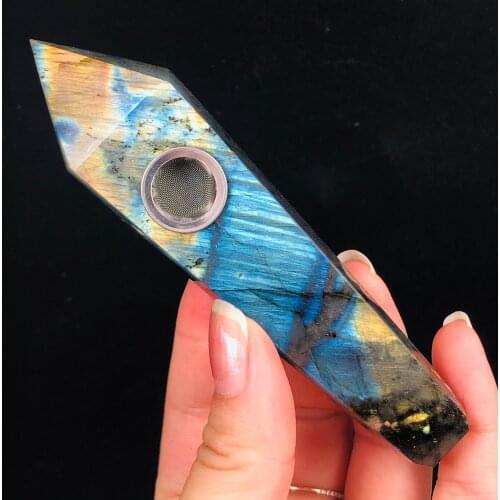 Natural Labrador minerals Quartz Smoking Pipe Crystal Stone Obelisk Wand Point Cigars Pipes Healing With Metal Filter