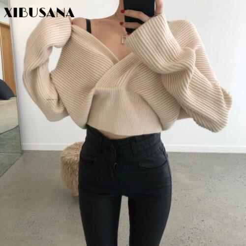 Elegant Cross V-Neck Women Pullover Knitted Tops Autumn Puff Long Sleeve Elastic Sweater Female Streetwear Sweater Crop Tops