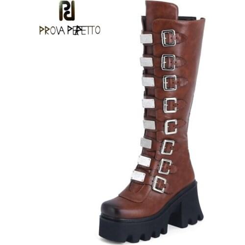 Fall/winter New Style Metal Belt Buckle Small Square Head High Heel Waterproof Platform Square Heel Zipper Women High Boots