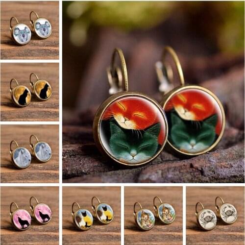 2019 New Fashion Handmade Glass Stud Earrings Vintage Comic Animals Earring Women Girl Creative Jewelry Party Gift