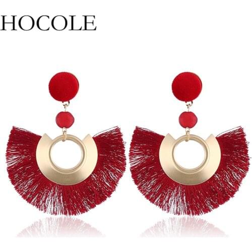 HOCOLE Boho Style Red Black Green Big Sector Tassel Earrings Hot Sale Wedding Jewelry New Charm Dangle Drop Earring for Women