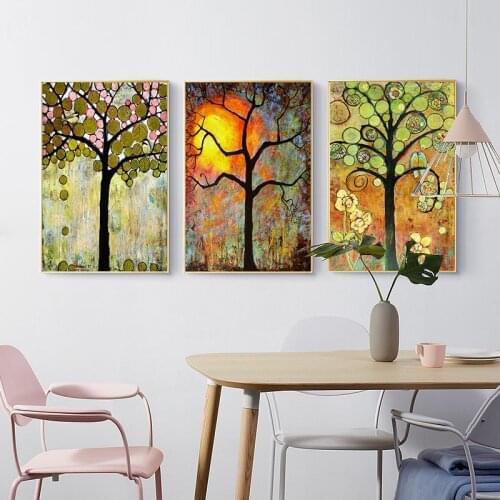 Nordic Four Season Lucky Life Tree Bird Canvas Painting Plant Abstract Wall Art Print Poster Pictures for Living Room Home Decor