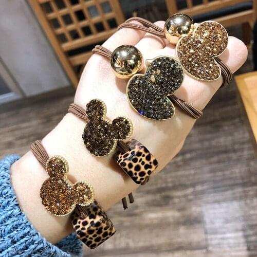 Rhinestone Cartoon Hair Bands Elastic Ring Leopard Print Hair Rope Female Mickey Mouse Fashion Women Jewelry Hair Accessories